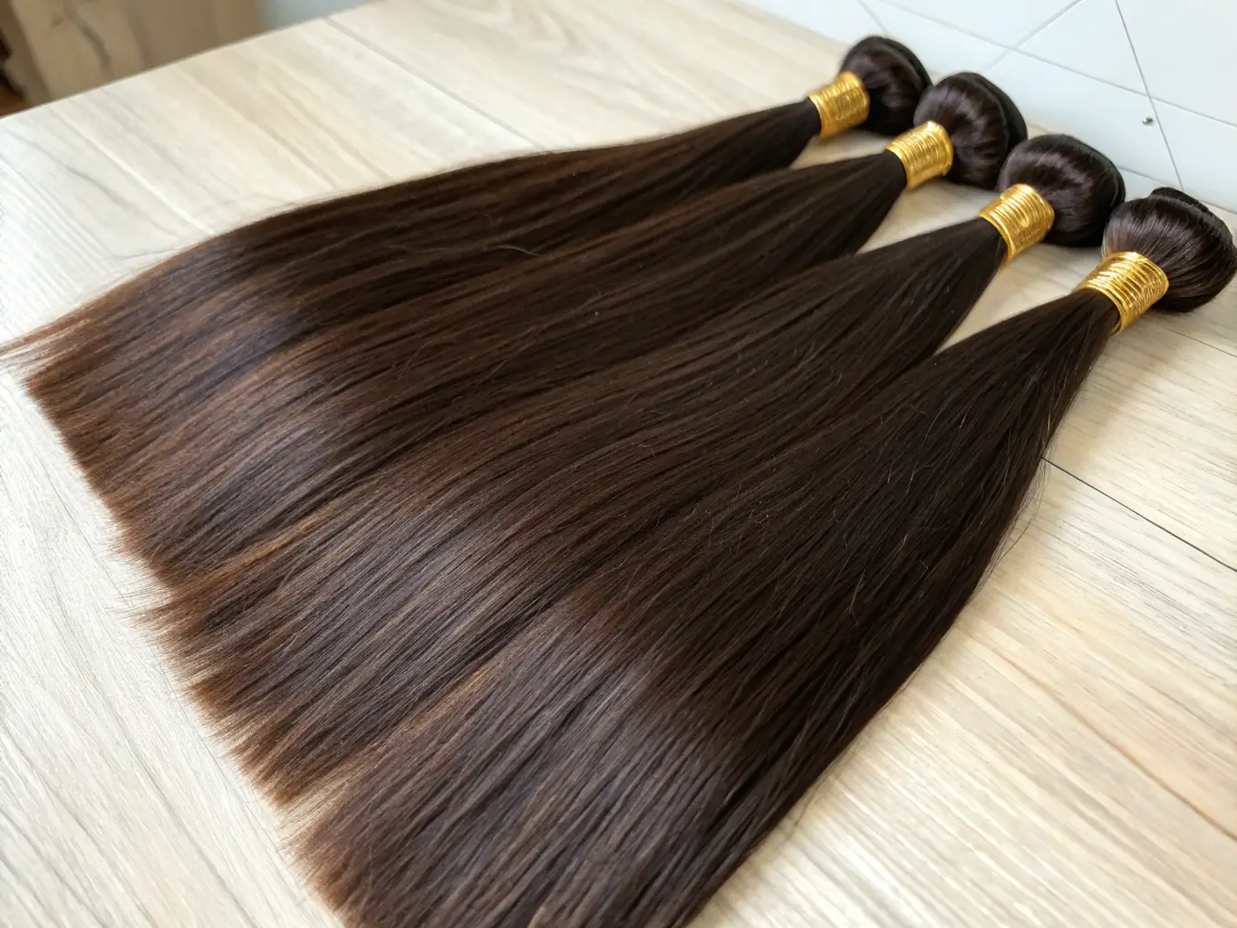 A close-up shot of Remy Clip-In Hair Extensions in Chestnut Brown, showcasing the seamless blend and natural movement. The extensions are displayed on a mannequin head with a soft, blurred background to emphasize the product's quality.